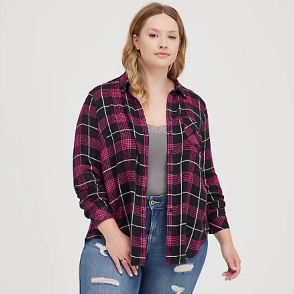 Torrid Tunic Pocket Shirt- Brushed Rayon Plaid Pink & Black Flannel Size 2